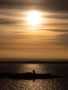 Preview wallpaper lighthouse, pier, island, sea, evening