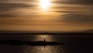 Preview wallpaper lighthouse, pier, island, sea, evening