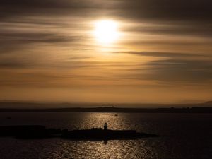 Preview wallpaper lighthouse, pier, island, sea, evening