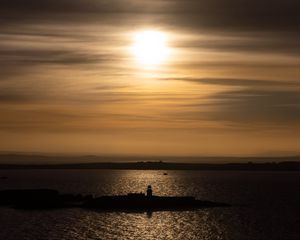 Preview wallpaper lighthouse, pier, island, sea, evening