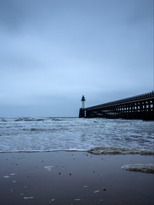 Preview wallpaper lighthouse, pier, sea, waves, coast