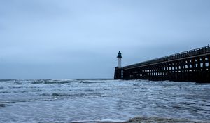 Preview wallpaper lighthouse, pier, sea, waves, coast