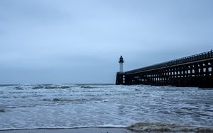 Preview wallpaper lighthouse, pier, sea, waves, coast