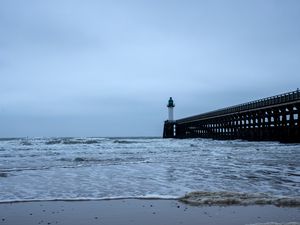Preview wallpaper lighthouse, pier, sea, waves, coast