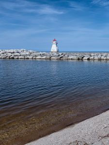 Preview wallpaper lighthouse, pier, sea, shore
