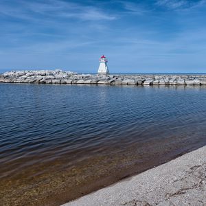 Preview wallpaper lighthouse, pier, sea, shore