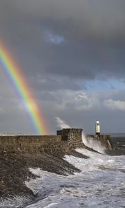 Preview wallpaper lighthouse, rainbow, sea, waves