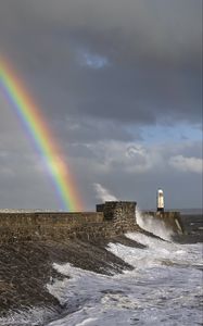 Preview wallpaper lighthouse, rainbow, sea, waves