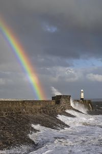 Preview wallpaper lighthouse, rainbow, sea, waves