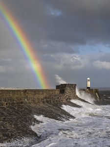 Preview wallpaper lighthouse, rainbow, sea, waves