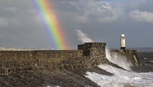 Preview wallpaper lighthouse, rainbow, sea, waves