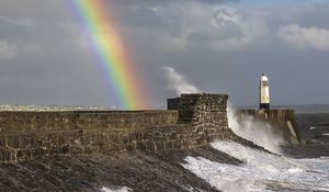 Preview wallpaper lighthouse, rainbow, sea, waves