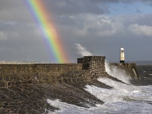 Preview wallpaper lighthouse, rainbow, sea, waves