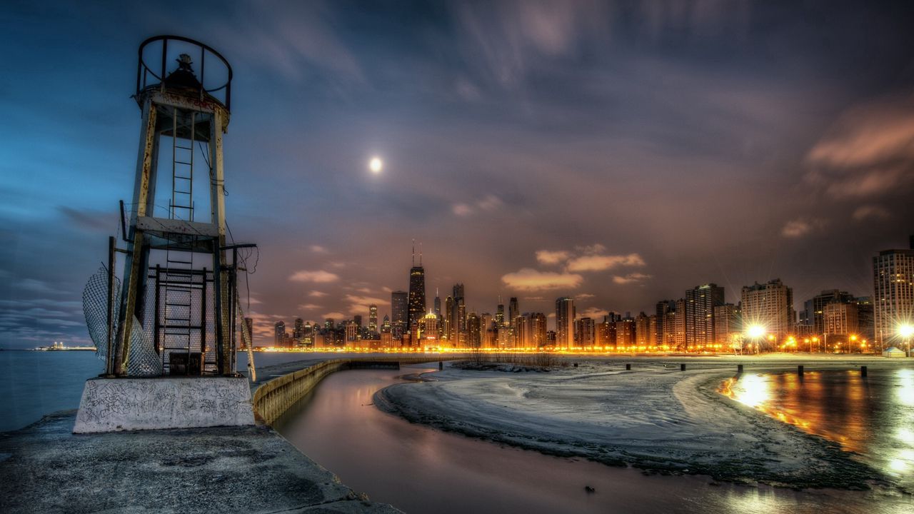 Wallpaper lighthouse, river, night, buildings, coast, guard, observe, hdr