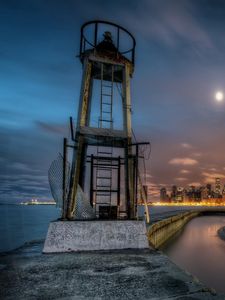 Preview wallpaper lighthouse, river, night, buildings, coast, guard, observe, hdr