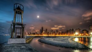 Preview wallpaper lighthouse, river, night, buildings, coast, guard, observe, hdr