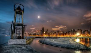 Preview wallpaper lighthouse, river, night, buildings, coast, guard, observe, hdr