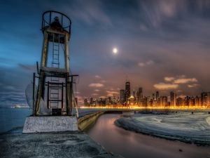 Preview wallpaper lighthouse, river, night, buildings, coast, guard, observe, hdr