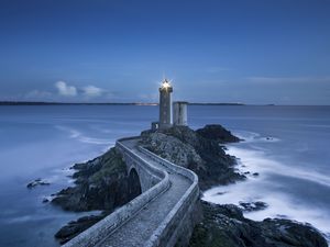 Preview wallpaper lighthouse, road, bridge, sea, landscape