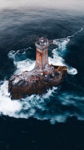 Preview wallpaper lighthouse, rock, aerial view, sea, waves