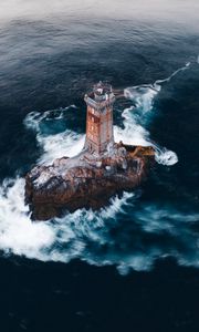 Preview wallpaper lighthouse, rock, aerial view, sea, waves