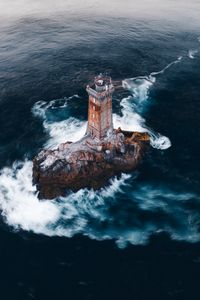 Preview wallpaper lighthouse, rock, aerial view, sea, waves