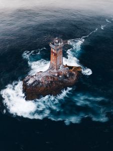 Preview wallpaper lighthouse, rock, aerial view, sea, waves