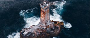 Preview wallpaper lighthouse, rock, aerial view, sea, waves