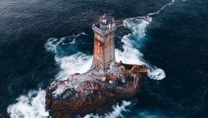 Preview wallpaper lighthouse, rock, aerial view, sea, waves