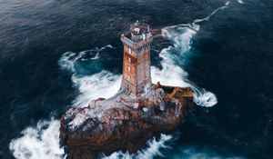 Preview wallpaper lighthouse, rock, aerial view, sea, waves