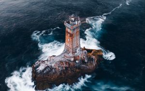 Preview wallpaper lighthouse, rock, aerial view, sea, waves