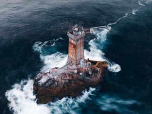 Preview wallpaper lighthouse, rock, aerial view, sea, waves