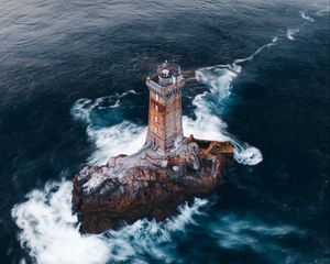 Preview wallpaper lighthouse, rock, aerial view, sea, waves