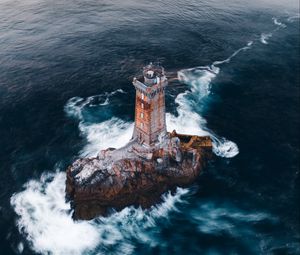 Preview wallpaper lighthouse, rock, aerial view, sea, waves