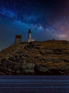 Preview wallpaper lighthouse, rock, sea, night, milky way