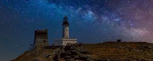 Preview wallpaper lighthouse, rock, sea, night, milky way