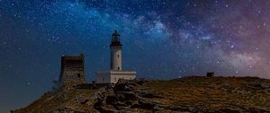 Preview wallpaper lighthouse, rock, sea, night, milky way