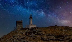 Preview wallpaper lighthouse, rock, sea, night, milky way