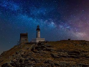 Preview wallpaper lighthouse, rock, sea, night, milky way