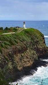 Preview wallpaper lighthouse, rocks, cliff, sea, surf