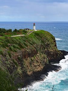 Preview wallpaper lighthouse, rocks, cliff, sea, surf