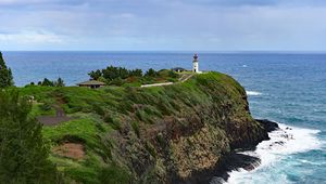 Preview wallpaper lighthouse, rocks, cliff, sea, surf