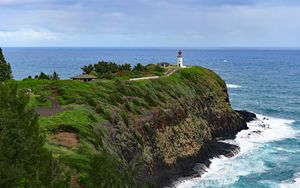 Preview wallpaper lighthouse, rocks, cliff, sea, surf