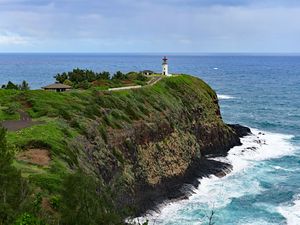 Preview wallpaper lighthouse, rocks, cliff, sea, surf