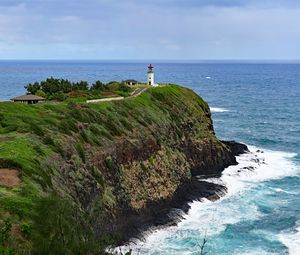 Preview wallpaper lighthouse, rocks, cliff, sea, surf