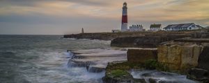 Preview wallpaper lighthouse, rocks, sea, waves, landscape