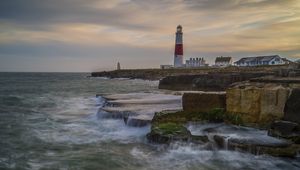 Preview wallpaper lighthouse, rocks, sea, waves, landscape