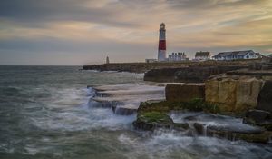 Preview wallpaper lighthouse, rocks, sea, waves, landscape