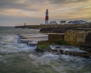 Preview wallpaper lighthouse, rocks, sea, waves, landscape