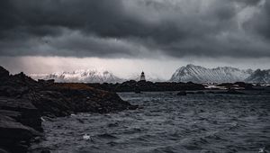 Preview wallpaper lighthouse, rocks, water, mountains